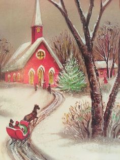 a painting of a red church in the snow with a horse drawn sleigh