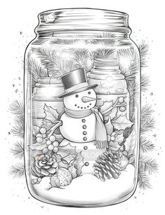 a snowman in a mason jar with pine cones and firs on the side