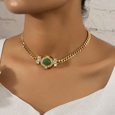 17 To 19 Inch High Polish Gold Plated Statement Necklace With Large Emerald Stone And Cz’s Gold Statement Necklace, Emerald Stone, Womens Jewelry Necklace, Emerald, Statement Necklace, Jewelry Collection, Gold Plate, Plating, Jewelry Necklaces