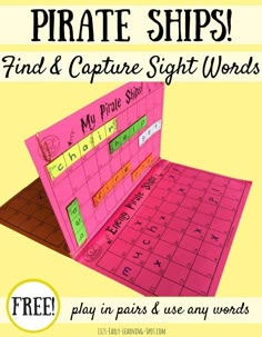 a pink board with words and pictures on it that says, pirate ships find & capture sight words