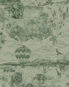 an elephant, giraffes and other animals are depicted in this wallpaper