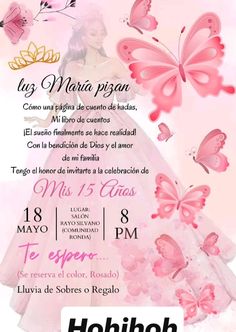 a flyer for a wedding party with pink butterflies on the back and white lettering in spanish