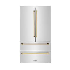 a stainless steel refrigerator with two gold handles