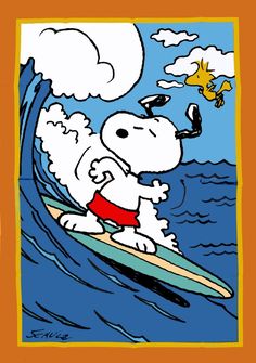 a dog riding a surfboard on top of a wave in the ocean with clouds