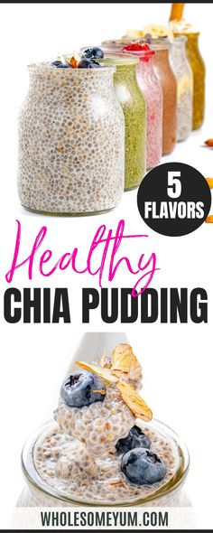 chia pudding with blueberries, bananas and other toppings in jars on top