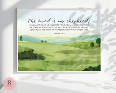 the lord is my shepherd card with watercolor painting style background and handwritten verse