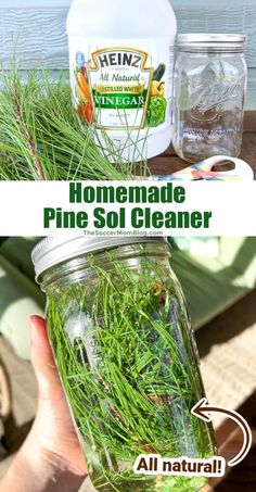 a jar filled with green grass next to a container full of cleaner and other items