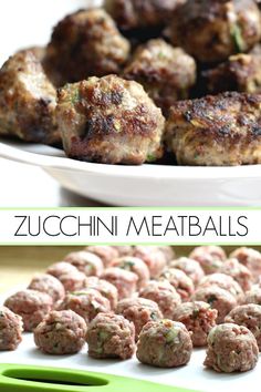 zucchini meatballs in a white bowl and on a green spatula next to the recipe