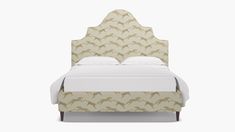 a bed with an upholstered headboard and foot board, made in beige fabric