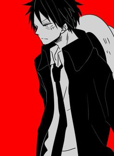 an anime character with black hair wearing a jacket and tie, standing in front of a red background