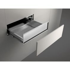 a stainless steel wall mounted cabinet with an open drawer