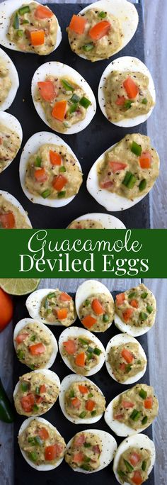 deviled eggs are stuffed with various types of veggies