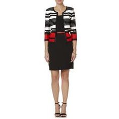 Women's Jacket & Belted Dress - Striped - Sears Dramatic Classic, Scuba Knit, Bright Winter, Sleeveless Sheath Dress, Knit Jacket, Belted Dress, Three Quarter Sleeves, Synthetic Leather, Stripes Design