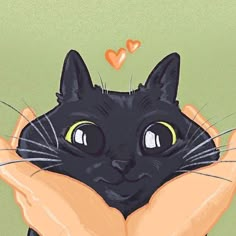 a black cat with yellow eyes is holding its head in the palm of someone's hand