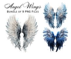 three watercolor wings with the words angel wings on each side and two different designs