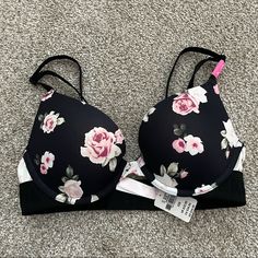 Cute Push Up Bra In Floral Print. Bra Features Black Cups And White Wings With A Floral Pink And White Pattern. Decorative Black Band Is On Both Sides. New With Tags! Has Never Been Worn. I Have A Super Push Version Of This For Sale In Another Listing. Cute Bras Victoria's Secret Push Up, Pink And White Pattern, Elegant Victoria's Secret Push-up Bra, Victorias Secret Black Bra, Victoria's Secret Black Push-up Bra, Vs Pink Bras, Victoria's Secret Partially Lined Push-up Bra, Victoria Secret Pink Bras, Pretty Bras