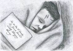 a drawing of a child sleeping and holding a book