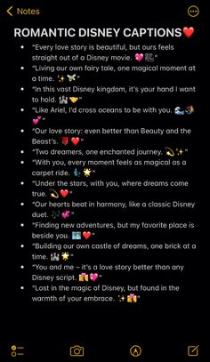 a text message that reads romantic disney captions on the bottom right corner is an image of