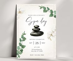 a spa day card with flowers and rocks on it for someone's special birthday