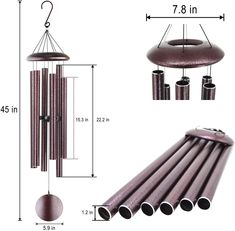 a wind chime is shown with measurements for the top and bottom pieces, including an umbrella