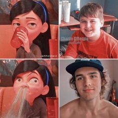 four different pictures of a boy drinking from a water faucet, and then brushing his teeth