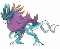 a drawing of a purple and blue dragon with long, sharp claws on it's back legs