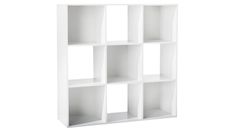 a white book shelf with six cubes on each side and one section missing from the top