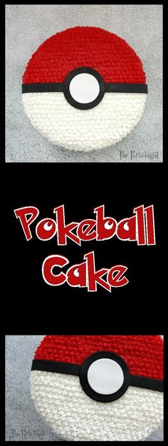 two pictures of pokeball cake with the words pokeball cake written in red and white