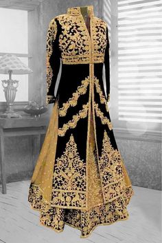 Buy Arabic Wedding Wear - Embroidered Arabic Bridal Outfit - Arabic Bridal Dresses With Embroidered Work of Zardozi, Sequins And Dabka in USA, UK, Canada, Australia Visit Now : www.NameerabyFarooq.com or Call / Whatsapp : +1 732-910-5427 Gold Zari Work Long Sleeve Gown, Gold Long Sleeve Gown With Zari Work, Wedding Long Sleeve Sharara With Gold Embroidery, Semi-stitched Gold Anarkali Set With Intricate Embroidery, Gold Semi-stitched Anarkali Set With Intricate Embroidery, Designer Gold Anarkali Set With Embroidery, Black Dupatta With Dabka For Reception, Black Dabka Dupatta For Reception, Gold Long Sleeve Gown For Reception