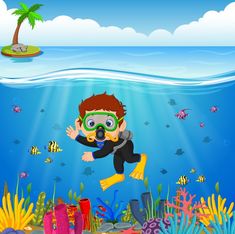 a boy scubas in the ocean surrounded by fish and corals with an island in the background