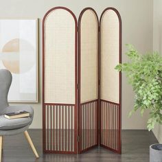 the room divider is made out of wood and has two panels on each side