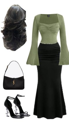 Formall Dresses, Goddess Outfit Casual, Green With Black Outfit, Euphoria Aesthetic Outfits Maddy, Quincenera Outfits For Guest Formal, 2000s Dress Outfit, Dress On Jeans, Semi Formal Dinner Outfit, Soft Romantic Outfits