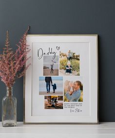 a vase filled with flowers next to a framed photo