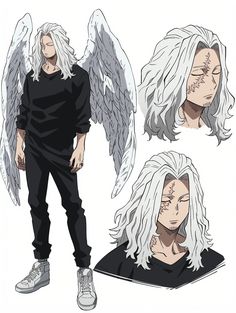 an anime character with white hair and angel wings on his head, standing next to another character