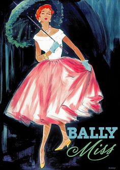 a painting of a woman holding an umbrella and wearing a pink dress with the words bally miss on it