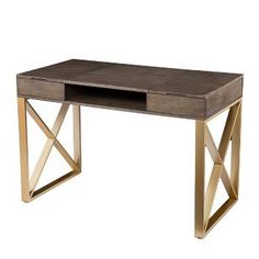 a wooden desk with metal legs and a drawer