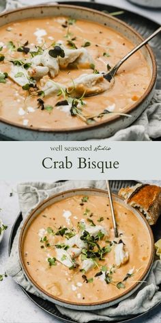 two images of crab bisque with bread and garnish