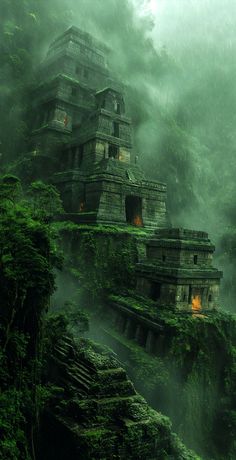 the ruins in the jungle are surrounded by thick green vegetation and foggy skies above them