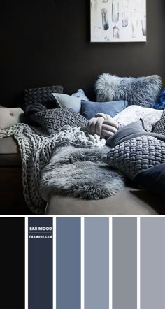 the color scheme is blue and gray, with black walls in the background to give it an airy feel