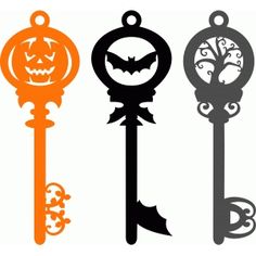 three halloween themed key chains with pumpkins and bats on the front, two are black, one is orange