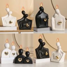 four photos of black and white vases with gold hearts on them, one has a candle in the shape of a man's head