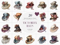 20 different victorian hats with the words, 20 transparent images for commercial use in front of them