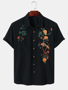 Mens Cotton Breathable Floral Embroidered Button up Casual Shirts – MRSLM Shirts Summer, Loose Top, Shirt Embroidery, Korea Fashion, Loose Tops, Printed Sleeves, Types Of Shirts, Men Short Sleeve, Cool Shirts