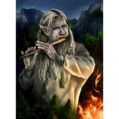 an old man with white hair holding a flute in front of a fire and mountains