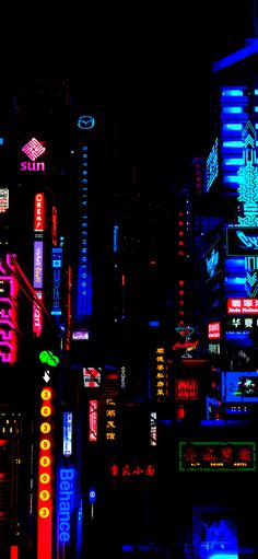 the city is lit up at night with neon signs and buildings in the dark sky