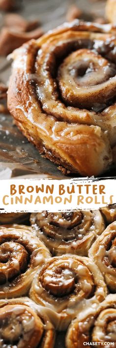 cinnamon buns on a baking sheet with the words, brown butter cinnamon buns