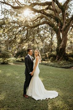 a bride and groom standing in front of a large tree