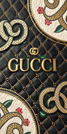 the gucci logo is shown on an ornate black and gold quilted leather cover