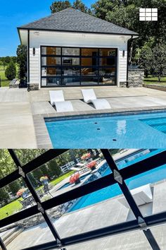 an empty swimming pool in front of a house with glass railings on the side