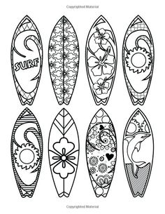 six surfboards with different designs on them